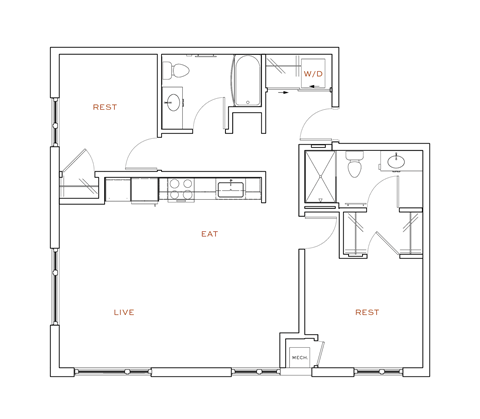 Floor plan for 2 beds, 2 baths, 957 sqft